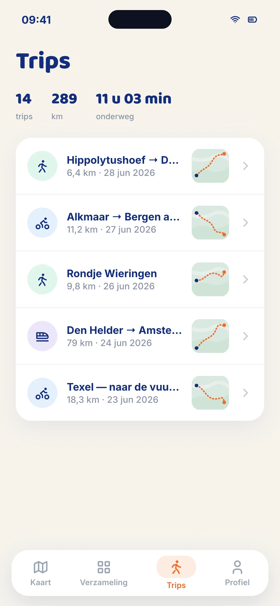 Tovin-app: het trips-overzicht met afgelegde wandelingen en fietstochten, kilometers en reistijd